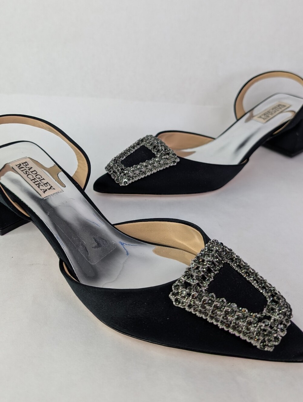 Badgley Mischka Black Satin Pointed Slingback Square Heels Crystal Buckle 7.5 - Picture 4 of 9
